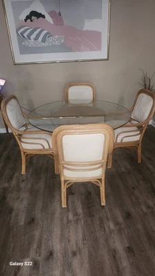 Vintage Rattan 5-Piece Dining Table Set w/ Glass Top   4 High-Back Chairs - Image 1 of 4