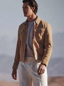 REISS Noa Suede Button-Through Trucker Jacket Coat in Sand Size S - Picture 1 of 7
