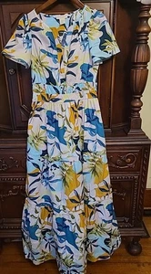 Vestido Largo CYNTHIA ROWLEY 100% Algodón Popover En Niveles Floral Midi Azul Amarillo S M - Imagen 1 de 5