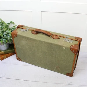 Valigia demob vintage. 1973. Tela verde con pelle marrone. Buone condizioni. - Foto 1 di 6