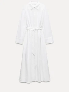 Zara White Long Sleeves Belted Midi Shirt Dress Size M 8570/702 RRP £59.99 NEW. - Picture 1 of 6