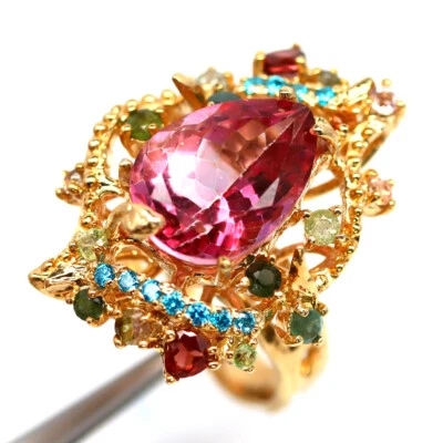 Gemstone Pink Mystic Topaz, Tourmaline, Apatite Jewelry Ring 925 Silver Size 7.5 - Image 1 of 4