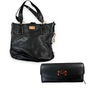 Michael Kors Leather Tote Wallet Set Large Black Big Valley Stud Travel Handbag - Picture 1 of 21