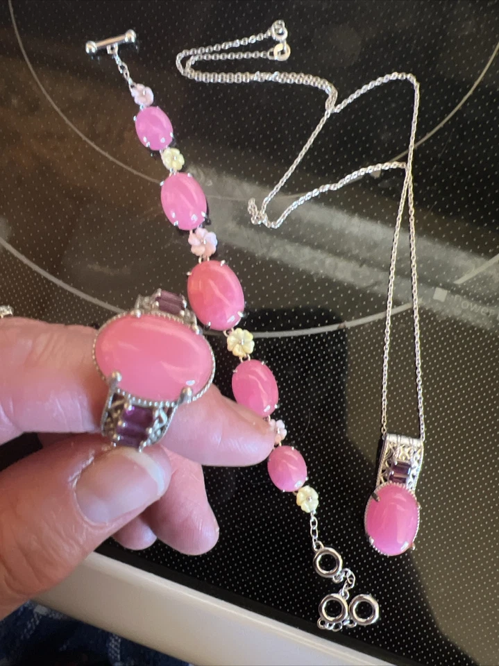 Real Jewelry set pink jade with Orissa Rhodolite garnet  - Image 1 of 1