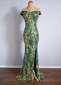 GREEN GOLD Long Formal Prom Pageant Sequin Evening Wedding Gown Dress L 10 - Picture 1 of 12
