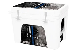 Vinyl Cooler Wrap fits YETI Tundra 35| Decal Skin L+I - USA Ammo Skull Blue Line - Picture 1 of 8