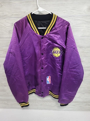 Vintage Los Angeles Lakers Mens Satin Spellout Jacket Size XL Made in USA Cover