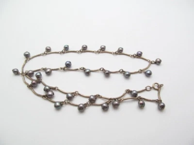 Collar de eslabones de perlas naturales redondas grises y barra curva de plata de ley 925 vintage Foto 1 de 4