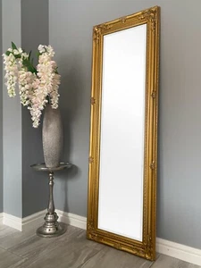 Tall Antique Gold Full Length Floor Wall Dressing Mirror with Hardwood Frame - Picture 1 of 12