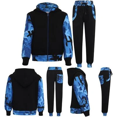 Kids Boys Girls Tracksuit Zipped Camo Blue Fleece Hooded Top & Bottom Jogger - Image 1 of 2