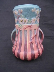 Roseville Pottery CHERRY BLOSSOM PINK Double Handle Vase 624-8 Circa 1933 - Picture 1 of 21