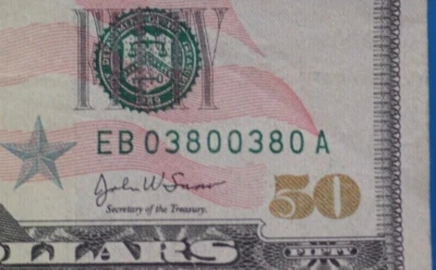 MEGA RARE US $50 Dollar Bill 2004 - EB 03800380 - SERIAL NUMBER FANCY VERY COOL - Image 1 of 4