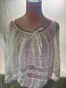 Free People camicia donna blusa media bianco sporco boho pizzo trasparente collo con coulisse - Foto 1 di 5