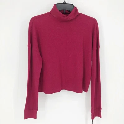 CALVIN KLEIN PERFORMANCE Crop Turtleneck Medium Burgundy Stretch Waffle Knit NWT - Image 1 of 4