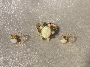3-pc Aus. Opal and Emerald 14KY Gold Womens Ring #6 and Stud Earrings Set - Picture 1 of 11