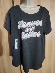 Übergröße Damen Grafik T-Shirt Blätter und Latte Print Grau Kurzarm... - Bild 1 von 5