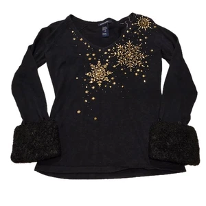 Boston Proper Stretch Knit Removable Black Faux Fur Cuffs Top XS Gold Dazzle - Picture 1 of 7