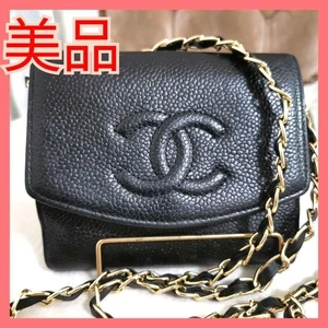 CHANEL Coco Mark Chain Bifold Wallet Shoulder Bag Caviar Leather Black Used - Picture 1 of 8