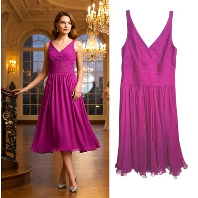 JS Collection Silk Chiffon Cocktail Dress Women's Size 6 Magenta Sleeveless Midi - Image 1 of 4