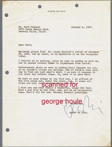 ANDRE DE TOTH - LETTER - SIGNED -DIRECTOR - HOUSE OF WAX - VINCENT PRICE- HORROR Cover