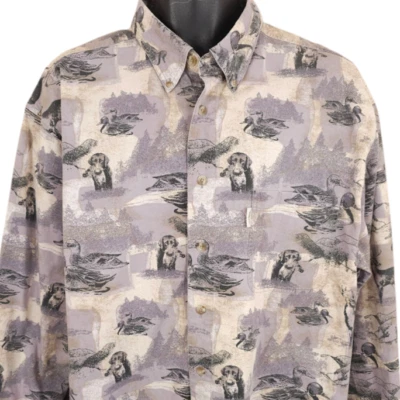 Vintage Duck Hunting Shirt Mens Size XL Beige 90s All Over Print Retriever Dog - Image 1 of 4