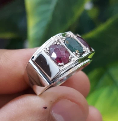 Natural Emerald Stone With Natural Ruby Stones Ring Sterling Silver 925 Ring - Изображение 1 из 4