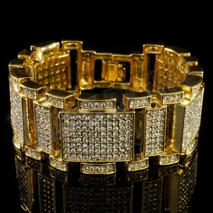 14k Gold Bling Out Iced Micro Pave Simulate CZ Men Hip Hop Bracelet 1 - Picture 1 of 6