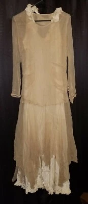 Vestido de fiesta de boda de 2 piezas de gasa crema vintage antiguo de los años 20 sin marca S Foto 1 de 2