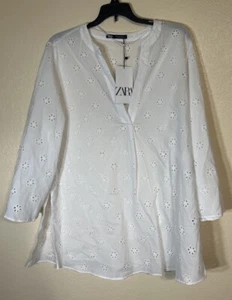 Neu Zara bestickte Öse Übergröße Bluse 8154/303 weißes Damenhemd Baumwolle - Bild 1 von 4