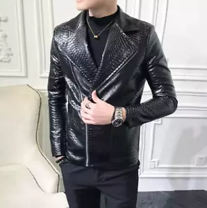 Giacca uomo nero lucido stampa pitone giacca pelle elegante blazer moto - Foto 1 di 4