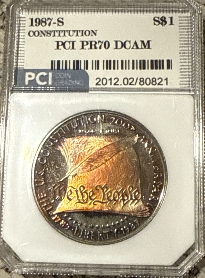 1987-S $1 Constitution Commemorative Silver One Dollar PR70 DCAM !!TONED!! - Image 1 of 4