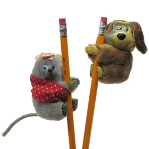 Cute Pair 80s Plush Pencil Huggers Dog & Mouse Plastic Faces - Picture 1 of 11