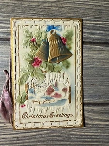 Antique Embossed Christmas Postcard With Bells & Winter Scene - Picture 1 of 2