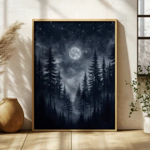 Póster de paisaje nocturno del bosque iluminado por la luna, obra de arte de luna llena de naturaleza mística - Imagen 1 de 8