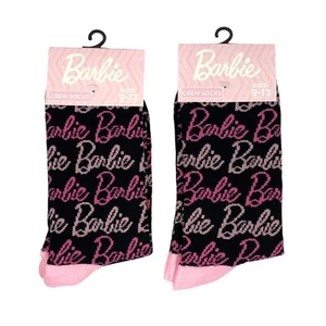 2 Pairs Barbie Mid-Calf Crew Socks Women's 9-13 Black and Pink - Picture 1 of 2
