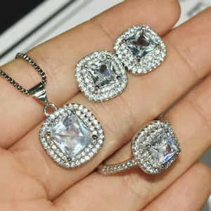 3pc Set Luxury White Topaz Gemstone Christmas Women Girls Necklace Earrings Ring - Picture 1 of 6
