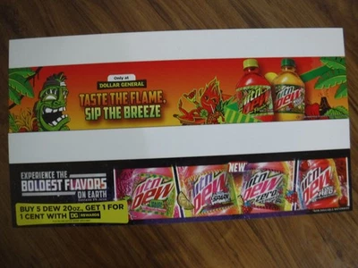 2 original 20x5.5" Mountain Dew/Flamin Hot/Spark/Melon+ shelf talker type signs - Image 1 of 3