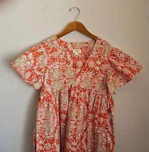 Anthropologie Maeve Dress Large Tropical Print -Puff Sleeves V-neck - Maxi Ankle - Picture 1 of 3