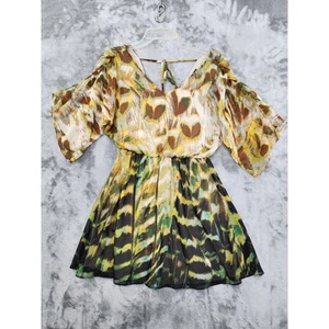 Jessica Simpson Blouson Tie Back Chiffon V-Neck Mini Dress Size S Green Brown - Picture 1 of 9