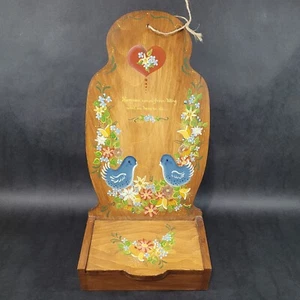 Vintage Wooden Folk Art Hand Painted Saltbox Match Holder Wall Mount Blue Birds - Picture 1 of 11