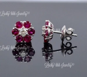 14k White Gold Natural Diamond &  Ruby Stud Earring 2 1/2 ct  cluster CO - Picture 1 of 6