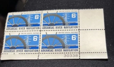 1968 Plate Block of 4 stamps - Scott 1358 - Arkansas River Navig -  6 cents MNH - Image 1 of 3