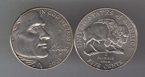 USA lot 10x 5 cents Nickel 2005-P Jefferson, Buffalo BU, from bank roll Cover