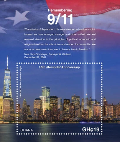 GHANA - 2016 - 15TH MEMORIAL ANNIVERSARY OF 9/11 STAMP SOUVENIR SHEET MNH Cover