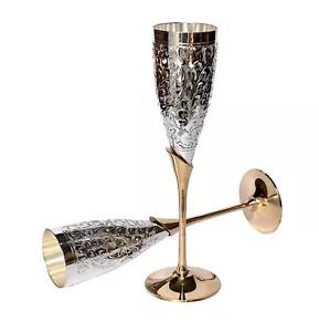 Silver Plated Brass Goblet Tulip Champagne Flutes Coupes Wine Glass Set of 2 - Picture 1 of 8