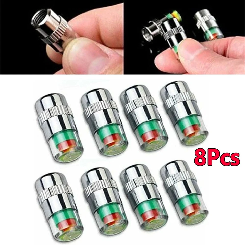 8 Piezas Tapas de Vástago de Válvula de Neumático de Coche Monitor de Presión Sensor Indicador 3 Colores Alerta Foto 1 de 4