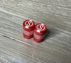 Schwinn S Repop Red Bike Schrader Valve Caps Aluminum Stingray Krate - Picture 1 of 2