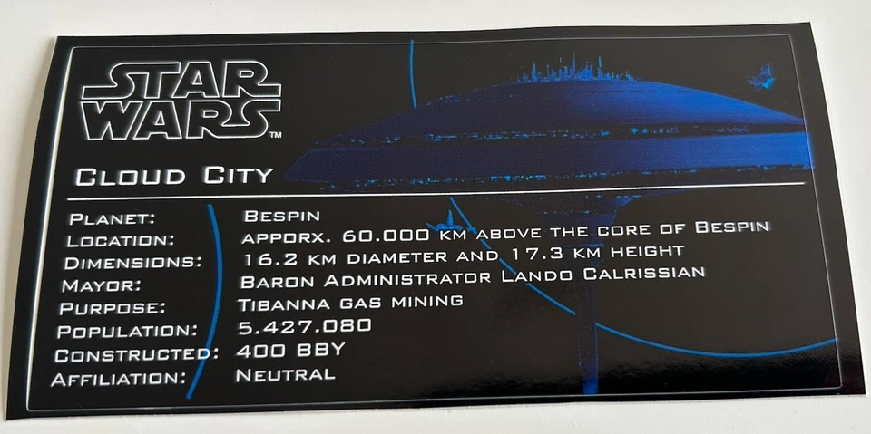 MARKENLOS Lego Star Wars UCS Sticker for 10123 / 75222 Cloud City / Betrayal at Cloud City