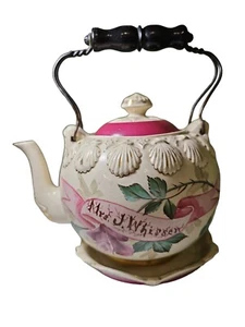 Antique Cartwright Bros Pottery Teapot Colored Personalized Goldtrim W/ Plate  - Picture 1 of 8