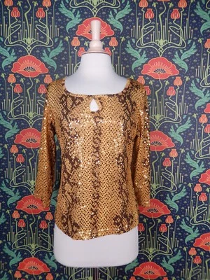 Vintage 90's Y2K Snakeskin Gold Sparkly 3/4 Sleeve Clubbing Going Out Top - Image 1 of 4
